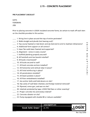 Concrete Placement Pre-Placement Checklist