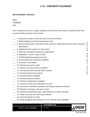Concrete Placement Pre-Placement Checklist