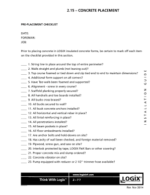 Concrete Placement Pre-Placement Checklist