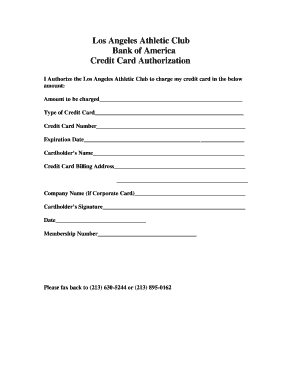 Los Angeles Athletic Club Credit Card Authorization