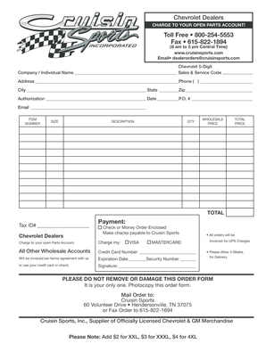 Chevrolet Dealers Parts Order Form