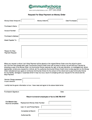Request for Stop Payment on Money Order