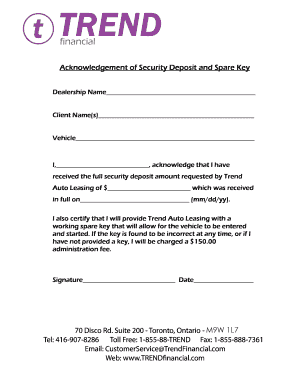 Acknowledgement of Security Deposit and Spare Key