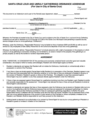Santa Cruz Loud and Unruly Gatherings Ordinance Addendum
