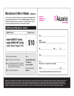 Aluratek Product Mail-In Rebate Form