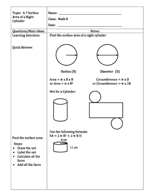 Math 8 Surface Area of a Right Cylinder Worksheet