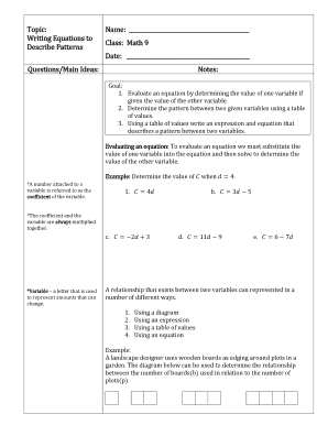 Math 9 Equations and Patterns Worksheet