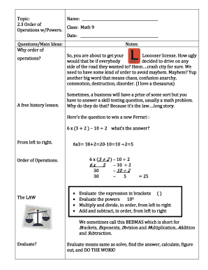 Math 9 Order of Operations Worksheet