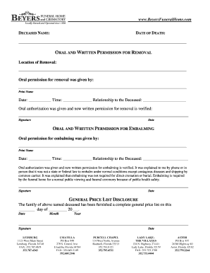 Funeral Home Removal and Embalming Permission Form