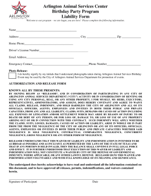Arlington Animal Services Birthday Party Liability Form