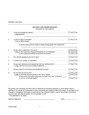 Salvage Yard Questionnaire