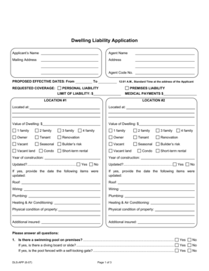 Dwelling Liability Application Form