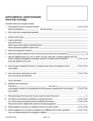 Supplemental Questionnaire for Auto Coverage