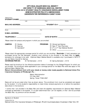 University of Nebraska Medical Center Student Health Insurance Enrollment Form