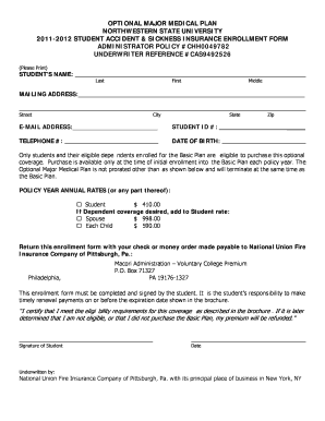 Northwestern State University Student Accident and Sickness Insurance Enrollment Form