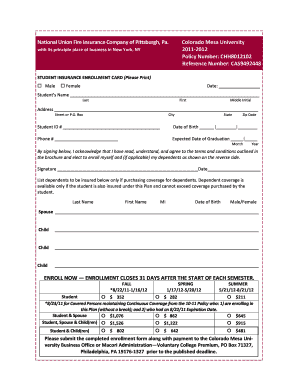 Student Insurance Enrollment Card