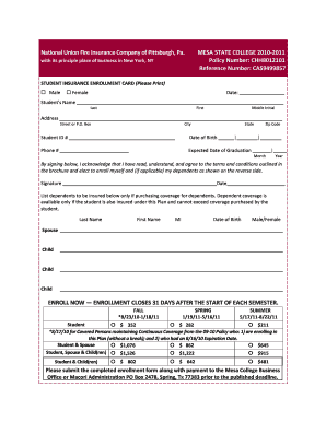 Student Insurance Enrollment Card