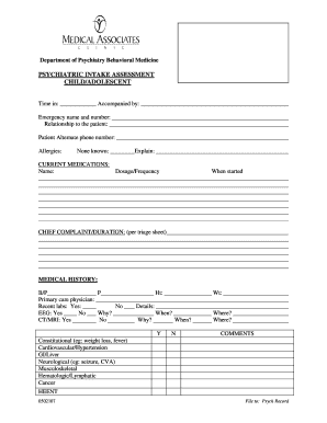Psychiatric Intake Assessment Child/Adolescent