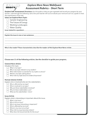 Explore More News WebQuest Assessment Rubric