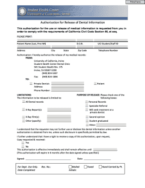 Authorization for Release of Dental Information