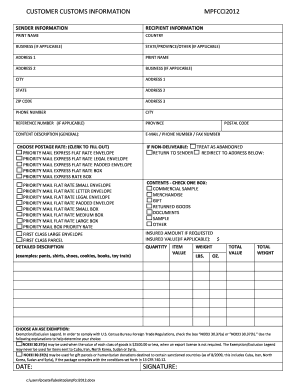 US Customs Information Form MPFCCI2012