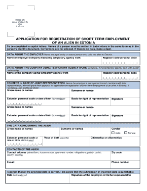 Application for Registration of Short Term Employment of an Alien in Estonia