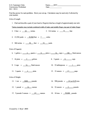 US Customary Units Conversion Worksheet