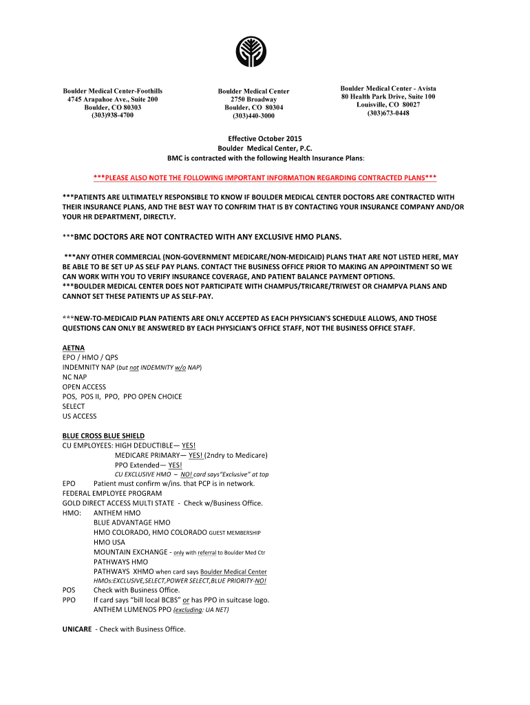 Fillable Online Boulder Medical CenterFoothills Fax Email Print