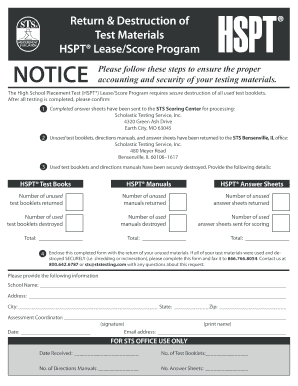 HSPT Test Materials Return and Destruction Form