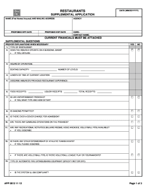 Restaurant Insurance Supplemental Application