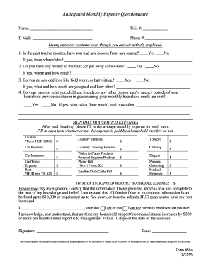 HUD Anticipated Monthly Expense Questionnaire
