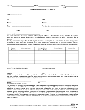 HUD Verification of Assets on Deposit Form