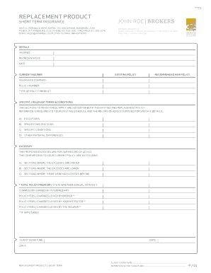 Short Term Insurance Replacement Product Form