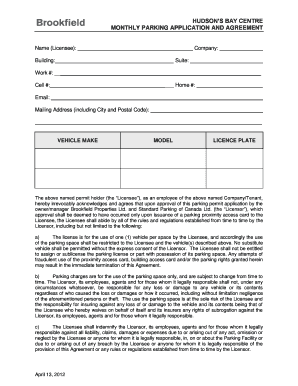 Hudson's Bay Centre Monthly Parking Application and Agreement