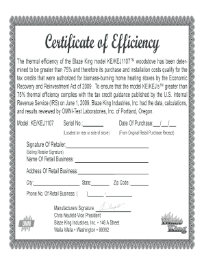 Certificate of Efficiency for Blaze King Woodstove