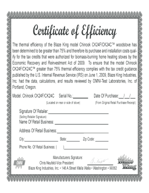 Certificate of Efficiency for Blaze King Woodstove