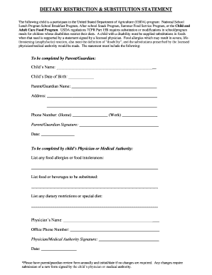 USDA Dietary Restriction Substitution Statement