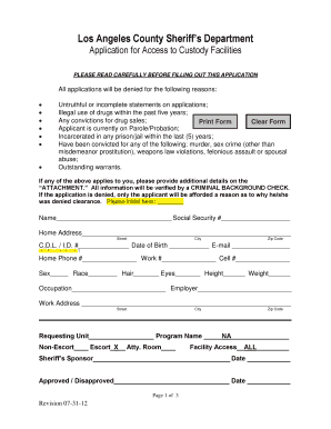 Los Angeles County Sheriff Application for Access to Custody Facilities