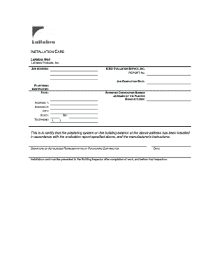 Plastering Installation Card
