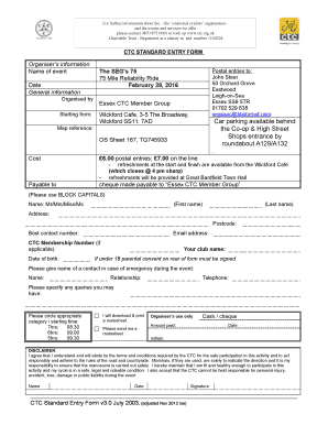CTC Standard Entry Form for Cycling Events