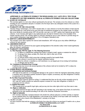 Alternate Energy Solar Collector Warranty