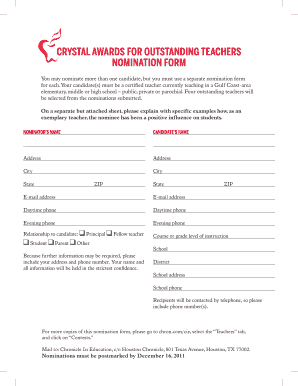 Crystal Awards for Outstanding Teachers Nomination Form