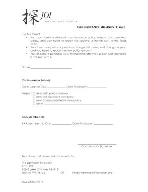 Car Insurance Subsidies Form B