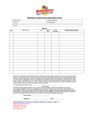 Elementary School Team League Roster Form