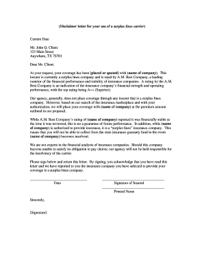 Disclaimer Letter for Surplus Lines Carrier