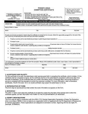 Pennsylvania Tax Exemption Certificate