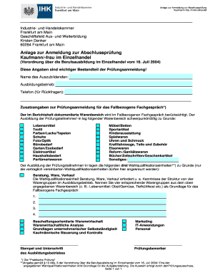 Anlage zur Anmeldung zur Abschlussprüfung