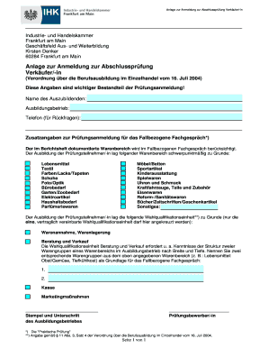 Anlage zur Anmeldung zur Abschlussprüfung Verkäufer/-in