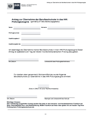 Antrag zur Übernahme der Berufsschulnote in das IHK-Prüfungszeugnis