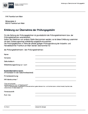 Erklärung zur Übernahme der Prüfungsgebühr